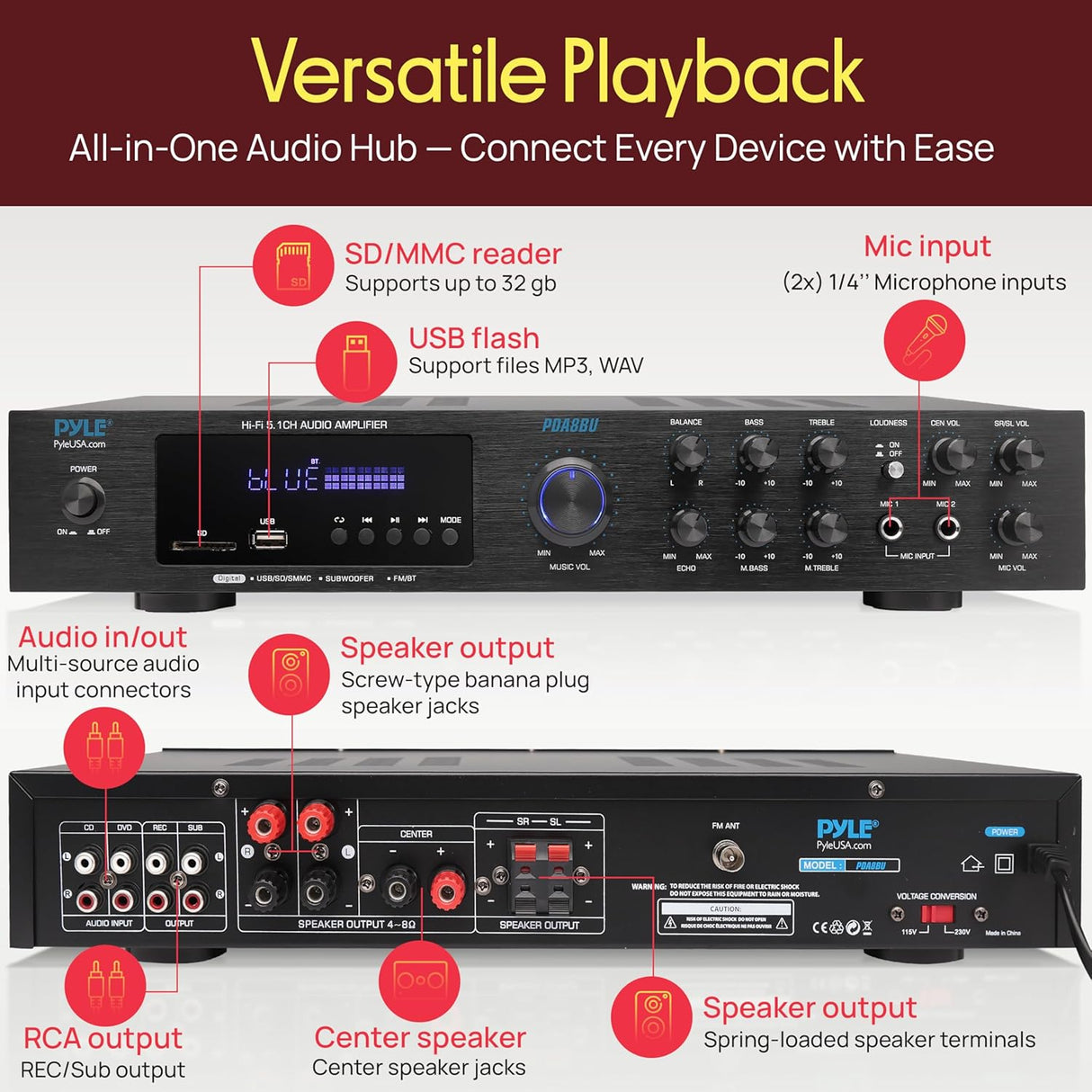 Pyle PDA8BU Amplificador de Audio Bluetooth - Receptor estéreo para el hogar con 5 canales y salida para subwoofer