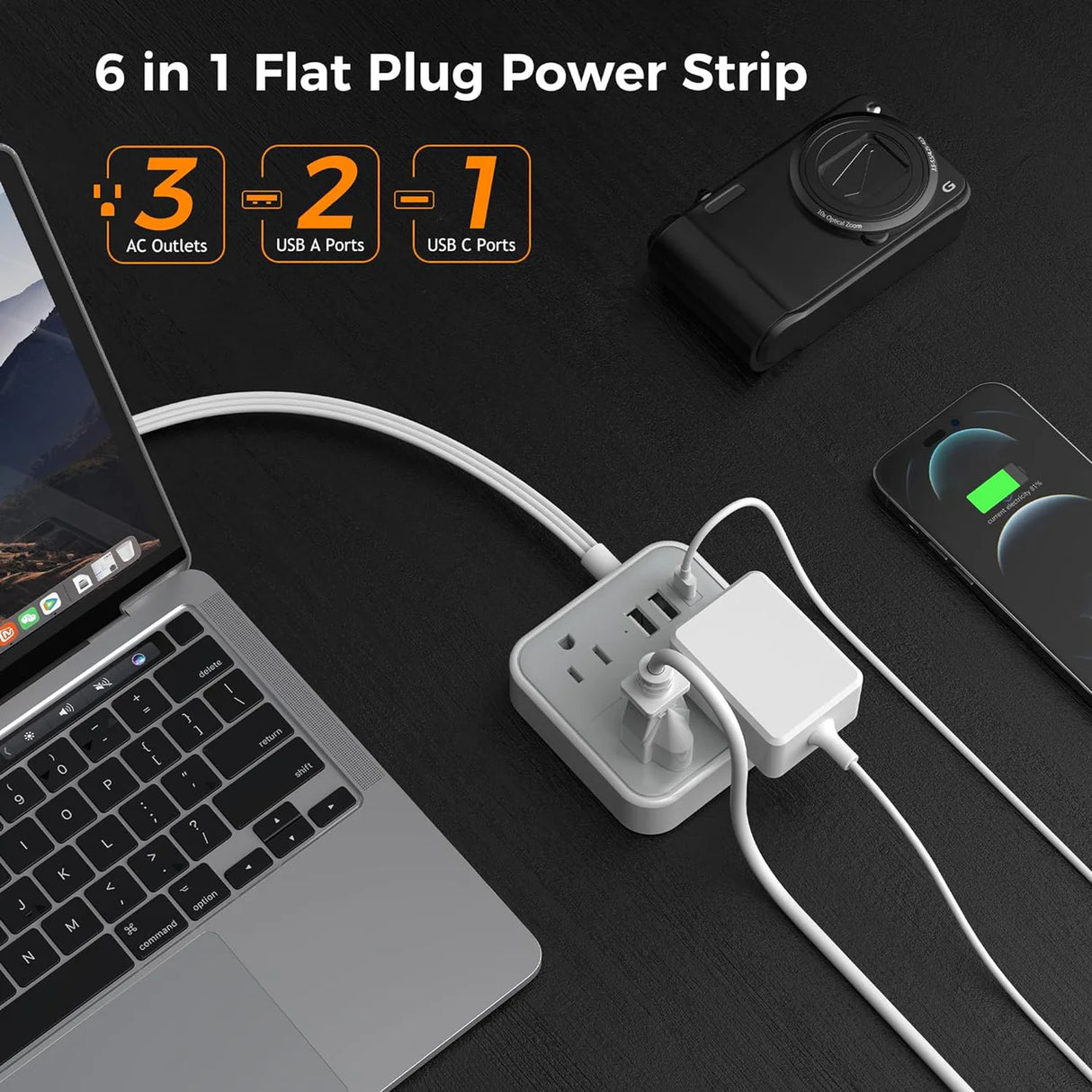 Regleta Eléctrica TESSAN con Enchufe Plano, 4 Tomas AC y 3 Puertos USB (1 USB-C + 2 USB-A)