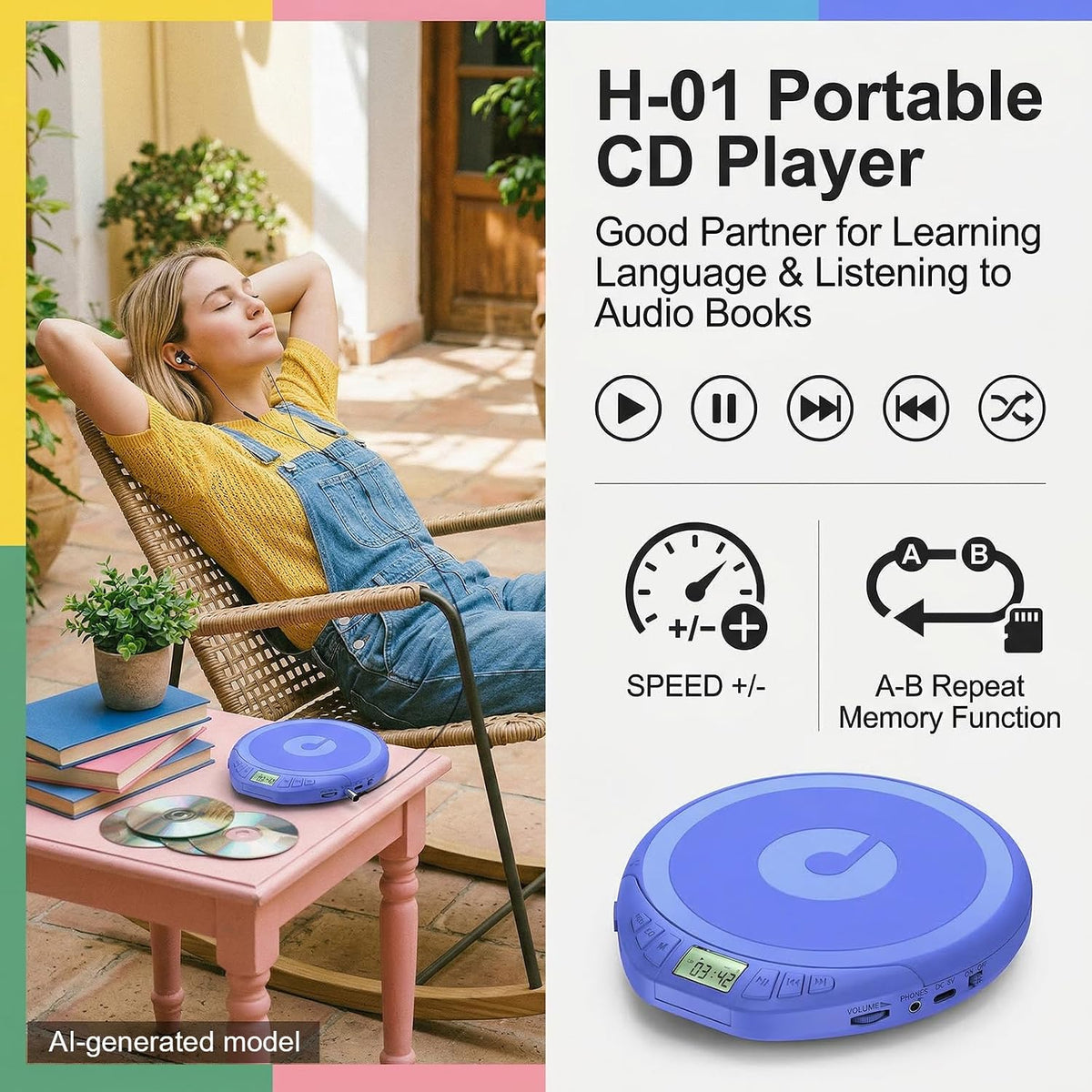 Gueray H-01 Reproductor de CD Portátil Discman con Audífonos y Anti-Salto