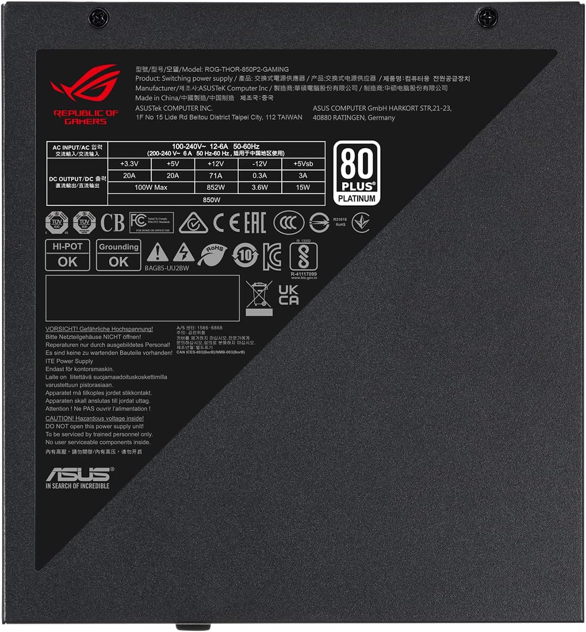 Fuente de alimentación Asus ROG THOR 850W Platinum II