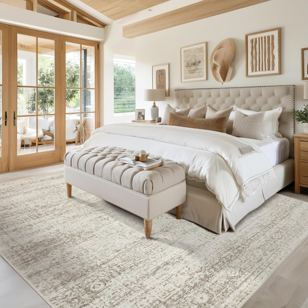 Alfombra Lavable Vintage 244 × 305 cm | Lana Sintética Ultra Suave | Antideslizante | Beige Marfil