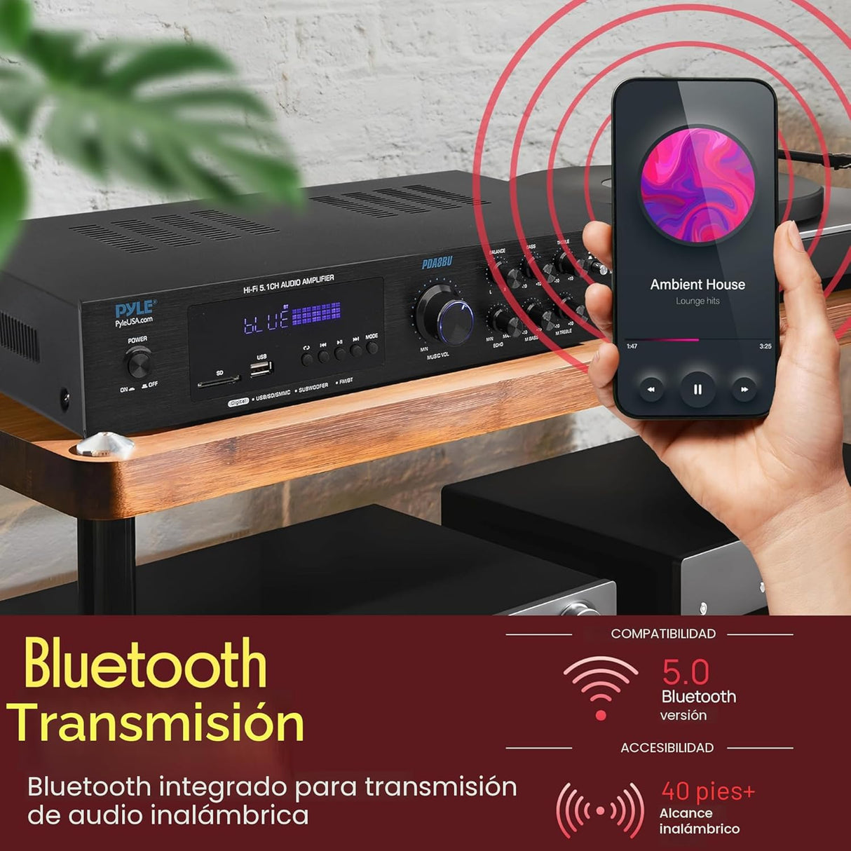 Pyle PDA8BU Amplificador de Audio Bluetooth - Receptor estéreo para el hogar con 5 canales y salida para subwoofer