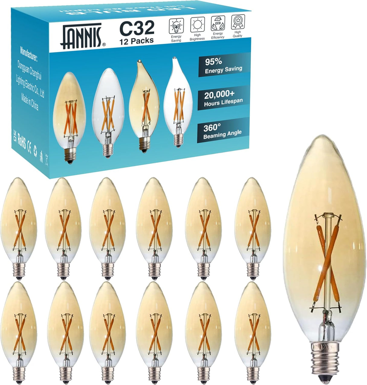 Paquete de 12 Bombillas LED Filamento Vela C32 Ámbar E12 – Luz Cálida 2W