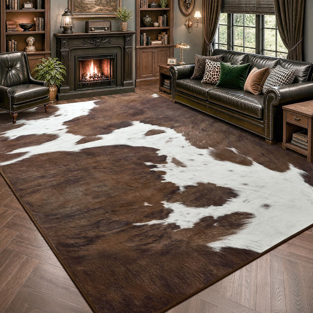 Alfombra Foxmas 8 × 10 Pies Brown Cow Print Lavable y Antideslizante