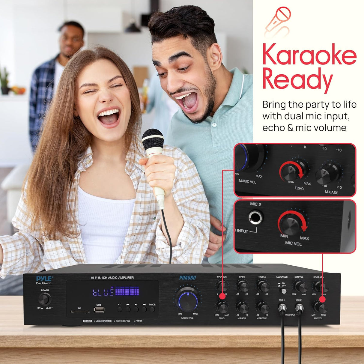 Pyle PDA8BU Amplificador de Audio Bluetooth - Receptor estéreo para el hogar con 5 canales y salida para subwoofer