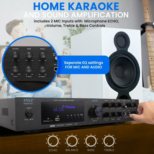 Pyle PDA8BU Amplificador de Audio Bluetooth - Receptor estéreo para el hogar con 5 canales y salida para subwoofer
