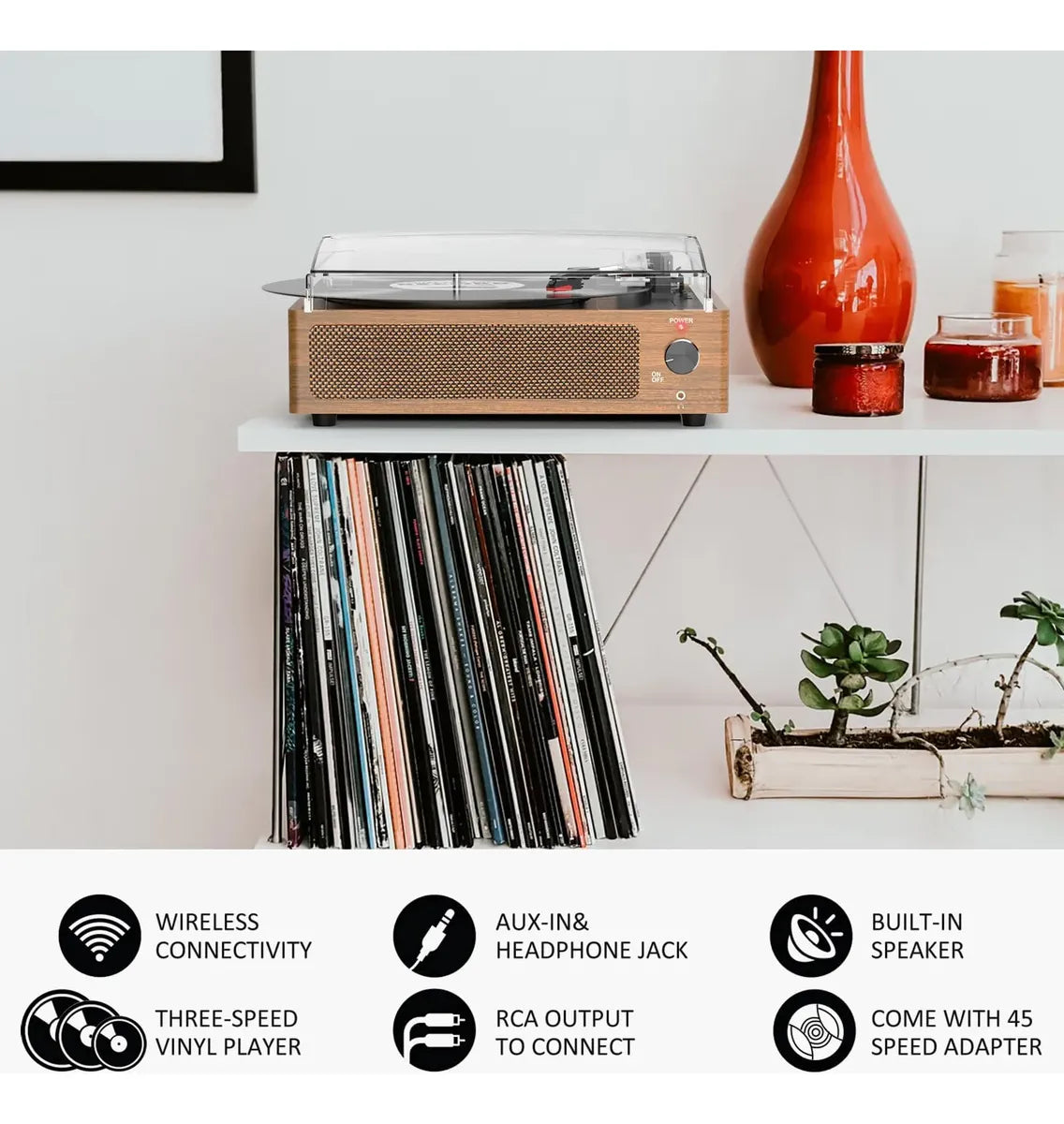 Tornamesa WOCKODER R608 3 Velocidades Bluetooth Vintage café 120V