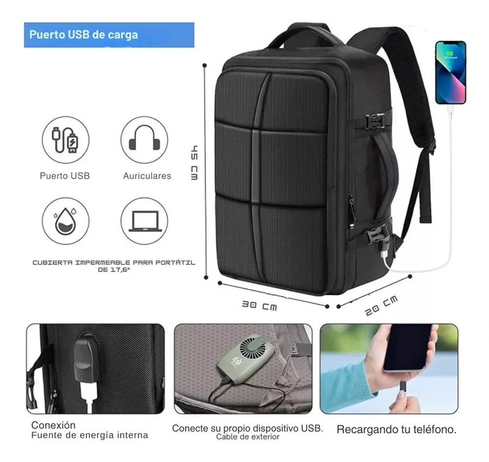 Mochila Viaje Carry On 40Litros Porta Notebook Reforzada Diseño de Tela Lisa