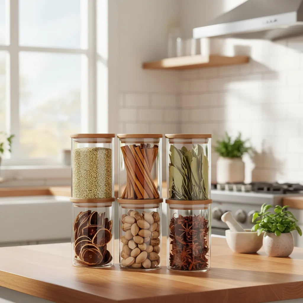 Set 6 Frascos Para Condimentos Especias Tapa Bambú 250mlc/u Transparente