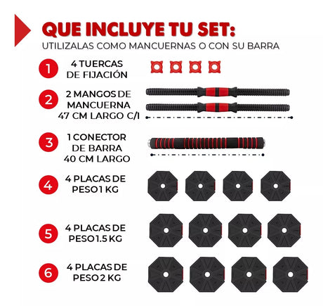 Mancuernas Ajustables Pesas 20 Kg Total Set 2en1 Fitnics Barra Color Negro