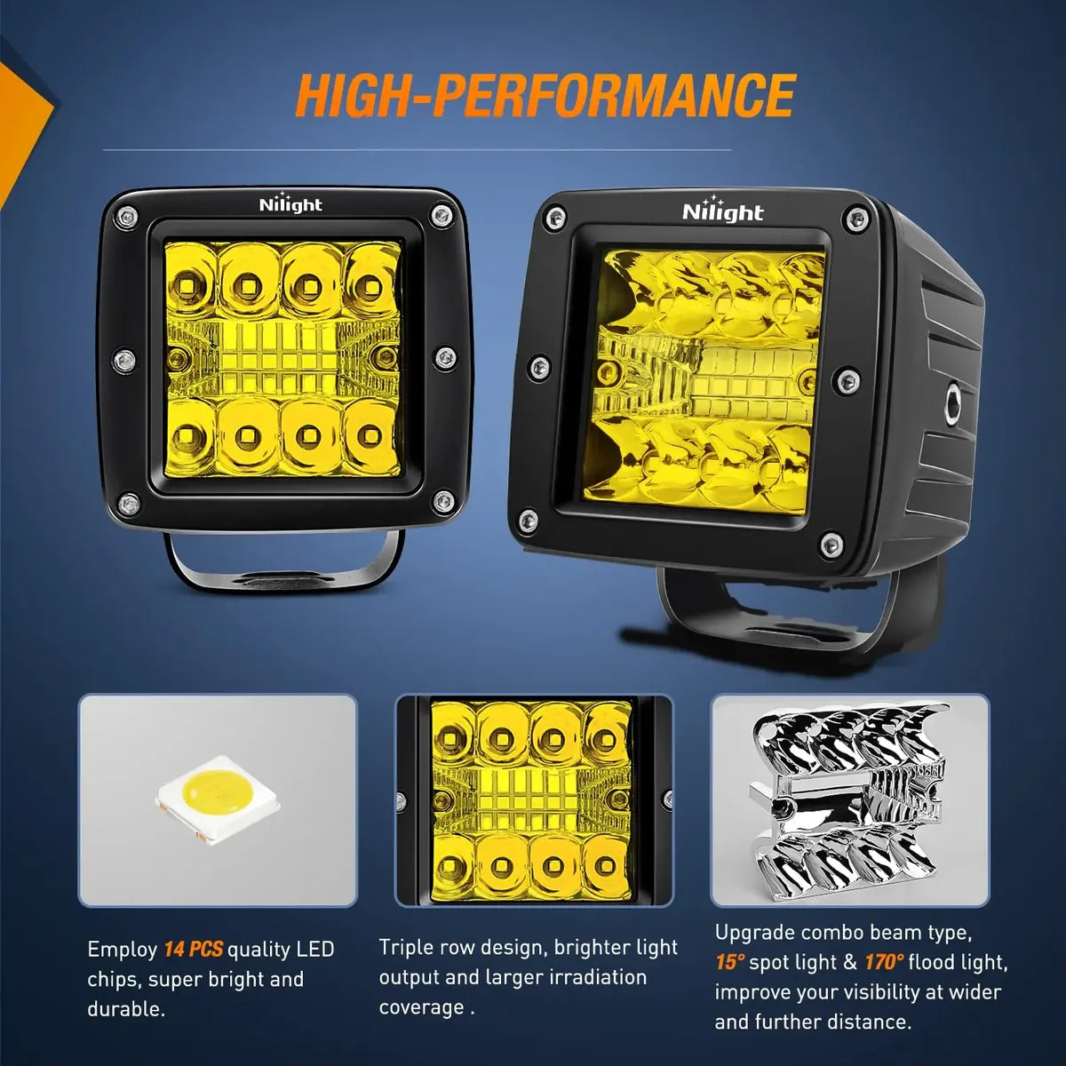Combo LED Pods Nilight 3" Ámbar 42W Spot + Flood | Kit 2 Luces LED Off-Road 12V/24V