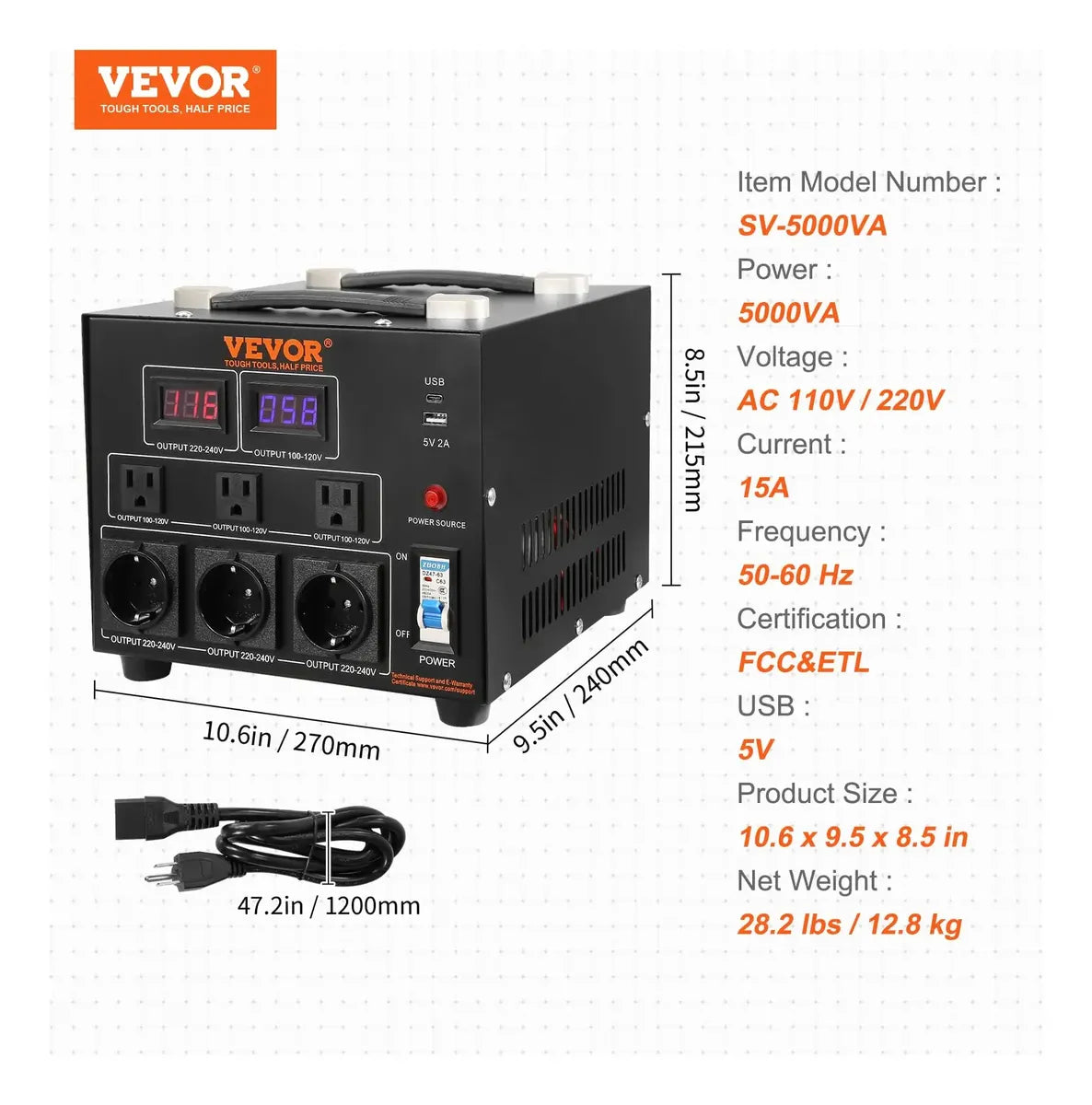 VEVOR SV-5000VA Transformador Convertidor de Voltaje 5000VA 110V/220V