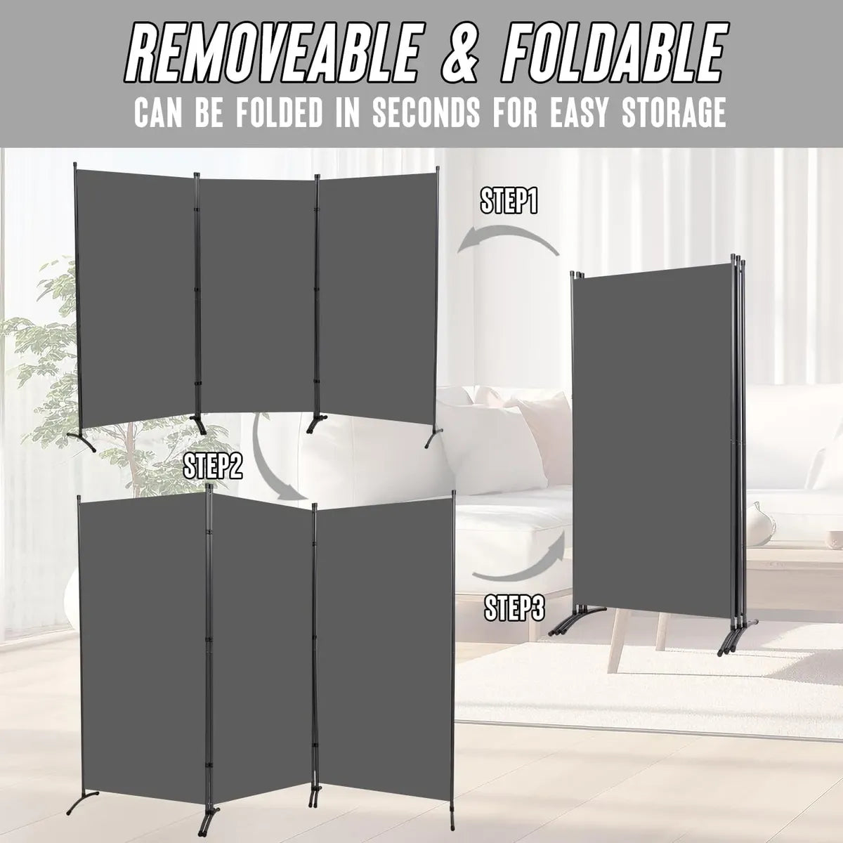 Biombo Divisor Interior Portátil Haven – 3 Paneles, 2,6 m, Gris Oscuro