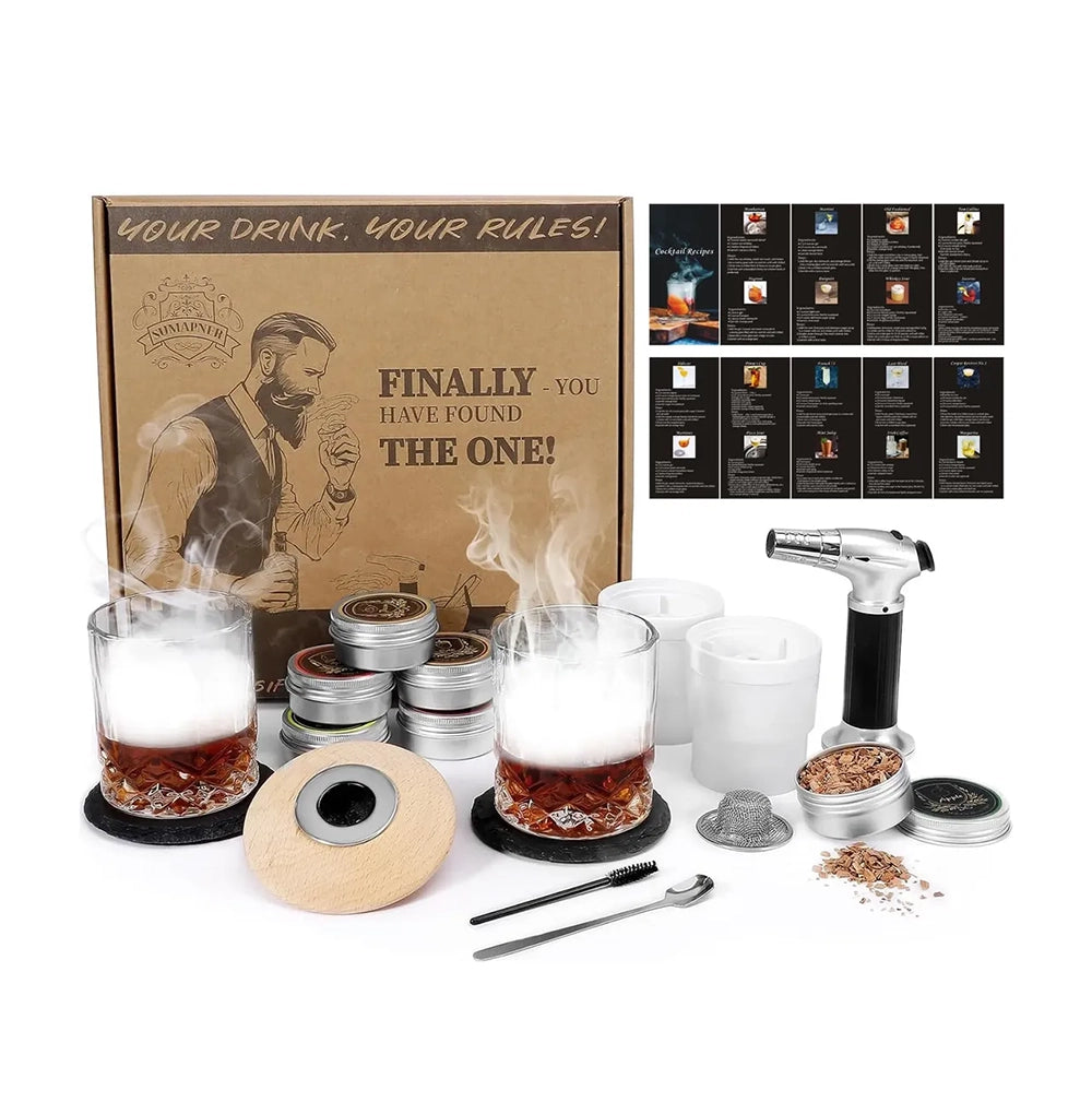 Sumapner Kit Smoker para Whisky y Cócteles – 6 Sabores de Madera + Soplete + 2 Vasos
