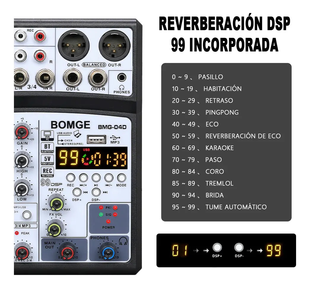 Mezclador de Audio BOMGE 04D 4 Canales – 16 DSP, Bluetooth, USB y Phantom 48V