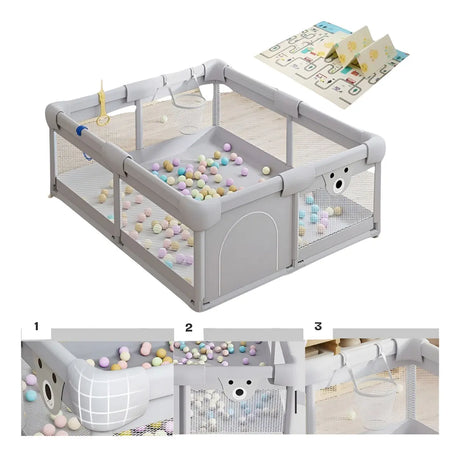 Corral Centro de Juegos para Bebé 150 × 180 cm | Con Aro de Básquet, Canasta y Accesorios | Color Gris