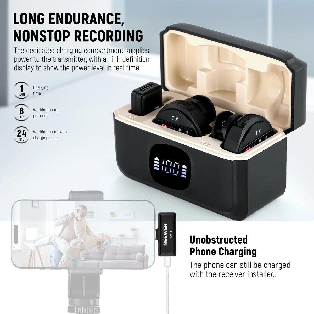 Neewer Micrófono Solapa Inalámbrico Kit P/ 15 16 Pro Max S24 Color Negro KM18