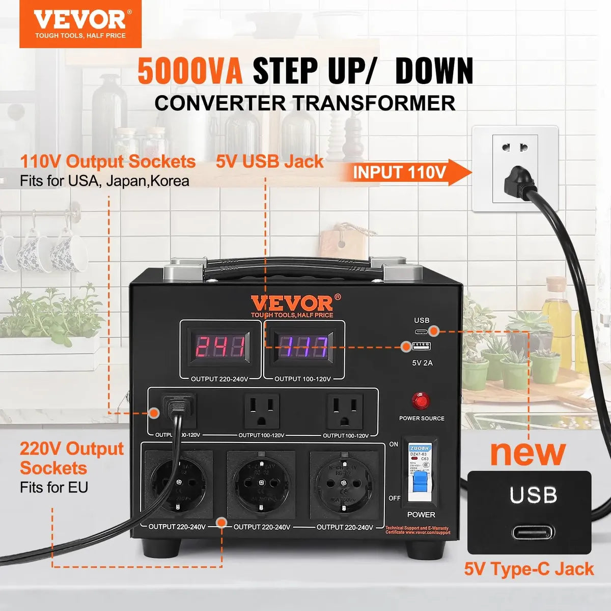 VEVOR SV-5000VA Transformador Convertidor de Voltaje 5000VA 110V/220V