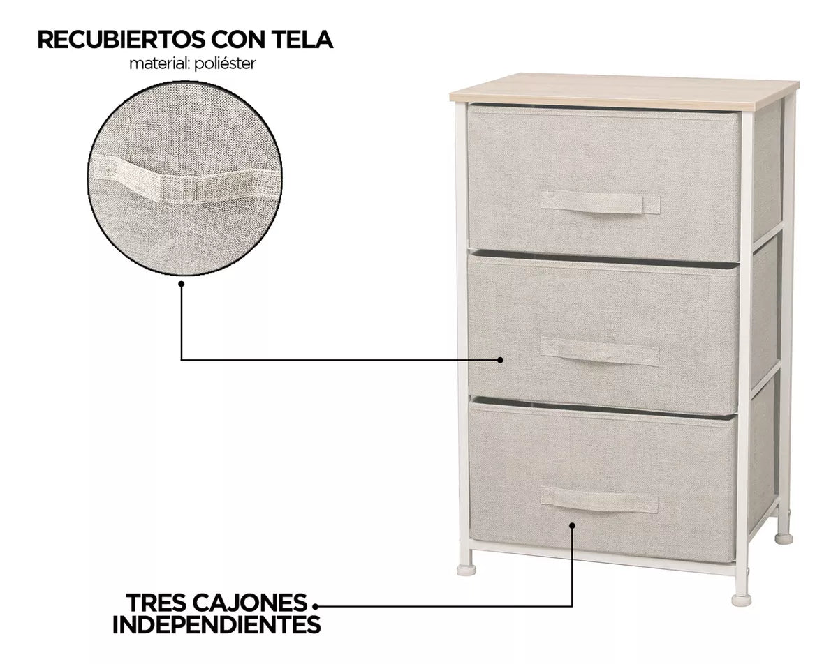 Cajonera Velador Organizador 3 Cajones Metal Madera Tela Color Beige