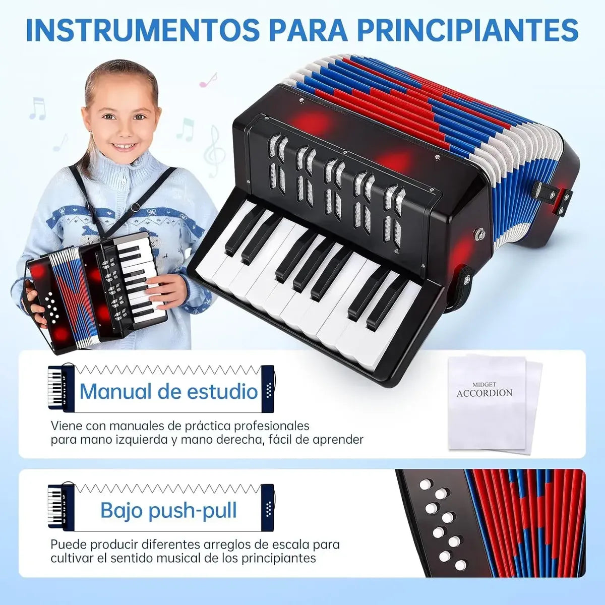 Julymoda Mini Acordeón de 17 Teclas y 8 Botones de Bajo – Modelo SFQ – Negro – Open Box