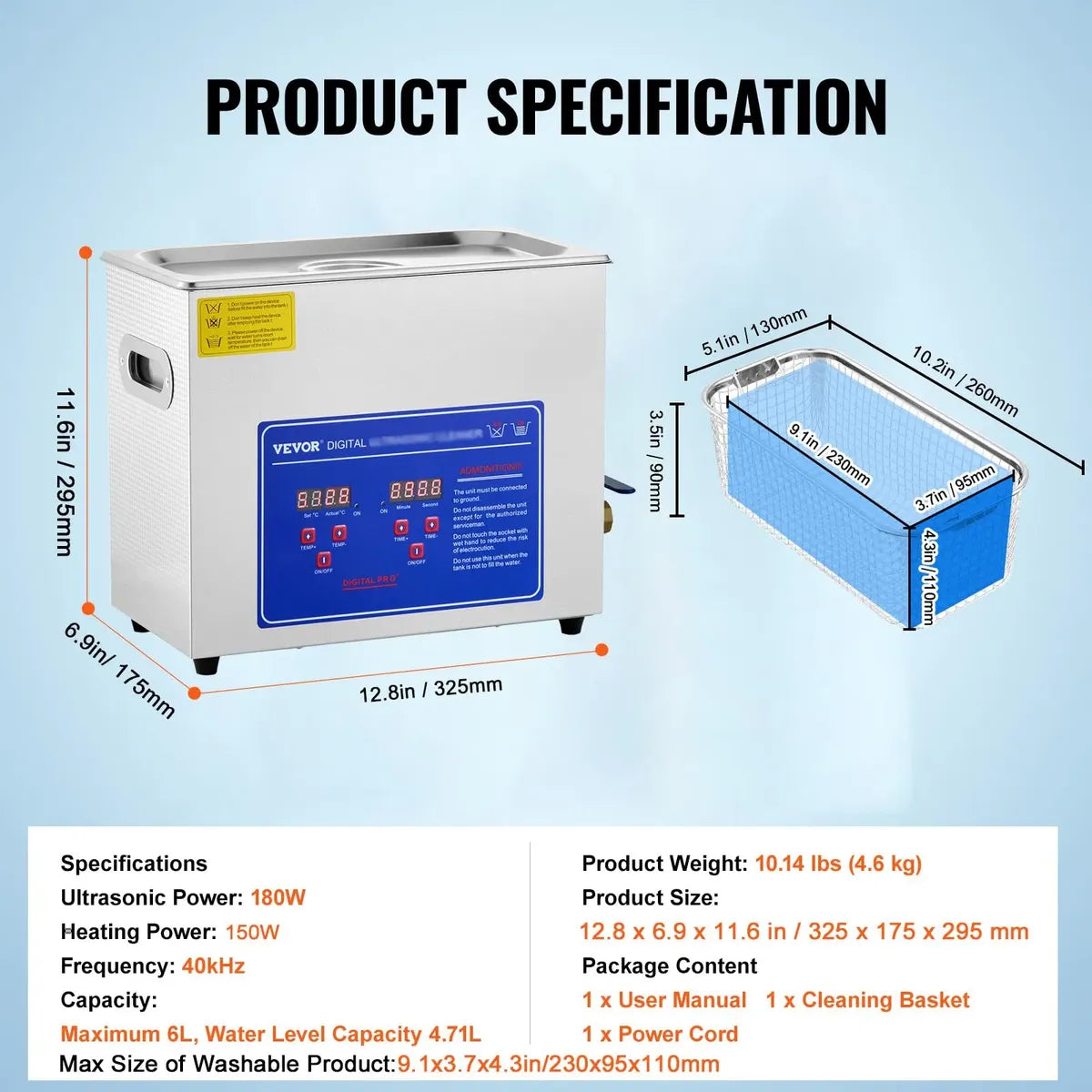 VEVOR Limpiador Ultrasónico 6 L, 40 kHz, con Temporizador Digital y Calentador – 120 V