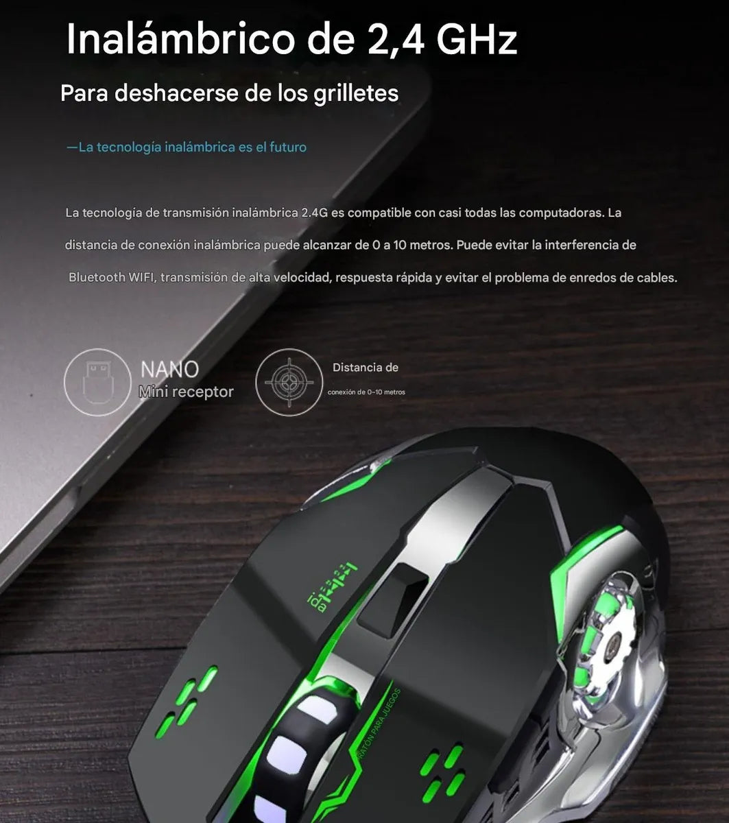 Mouse Gamer Inalámbrico Silencioso Y Recargable Con Luz Led