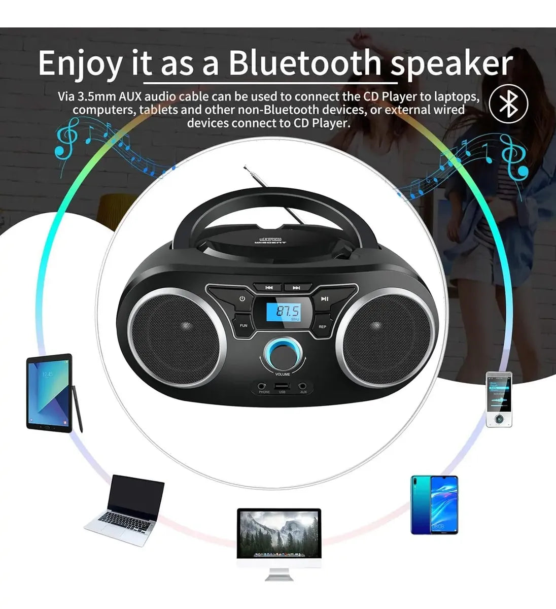 Reproductor Portátil Wiithink Bluetooth / Radio FM / CD / USB – Negro