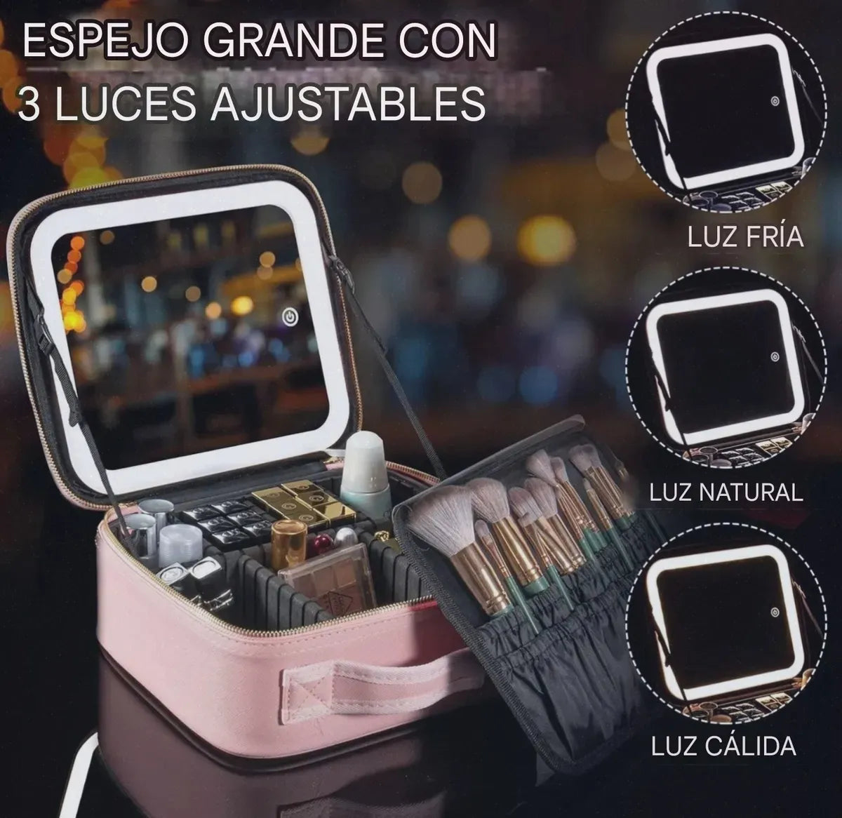 Bolso De Maquillaje Con Luz Led Recargable Rosada