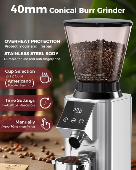 Molinillo de café Tuni G1 con muelas cónicas, 48 niveles de molienda, capacidad para 250g. 120V