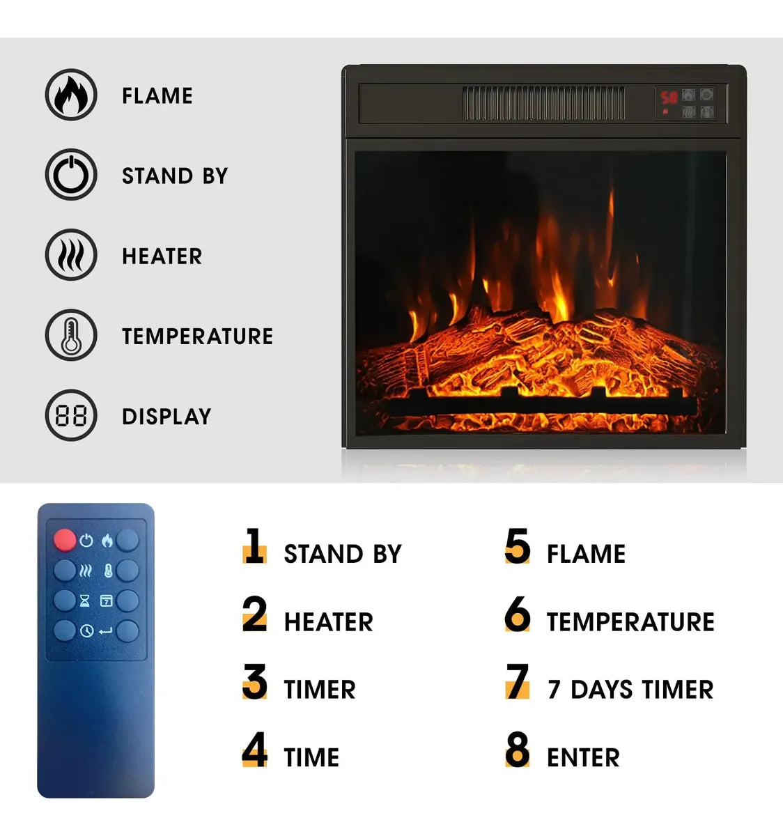 Inserto para Chimenea Eléctrica 18" con Control Remoto | Efecto Llama LED | Empotrable 120V