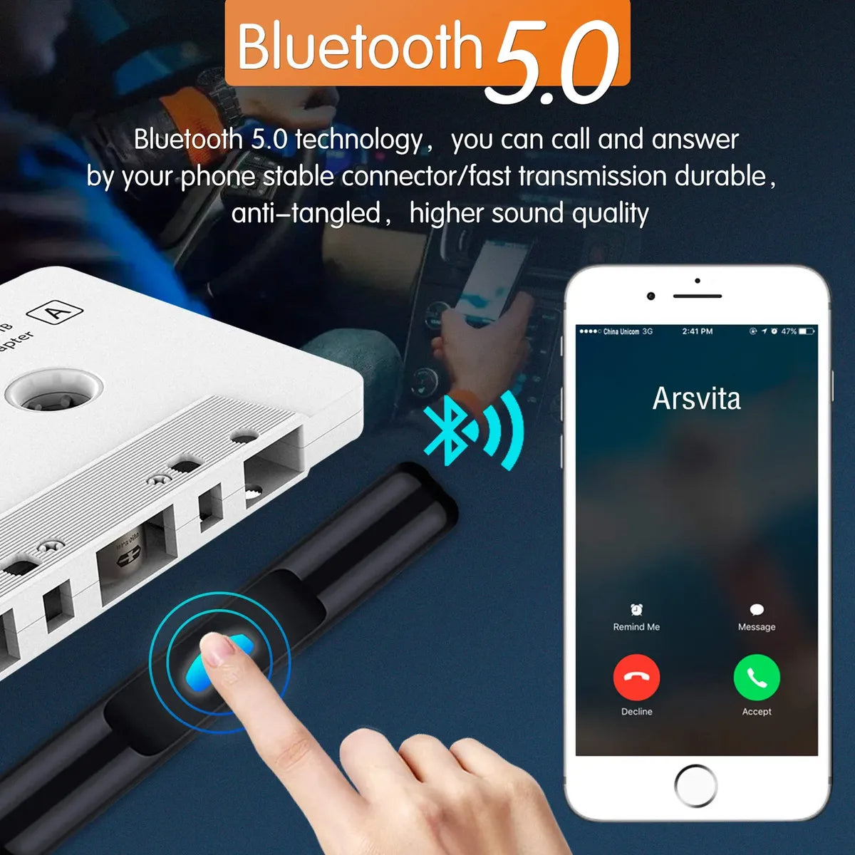 Adaptador Cassette Bluetooth Arsvita para Auto Blanco