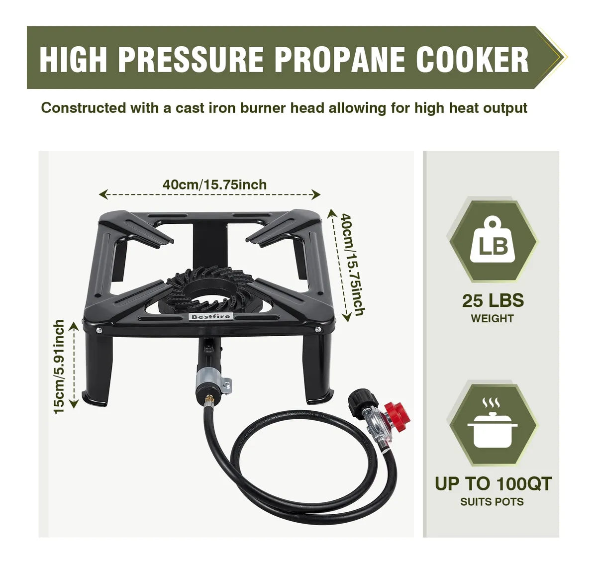 Quemador de propano Bestfire de alta presión de 120.000 Btu con manguera