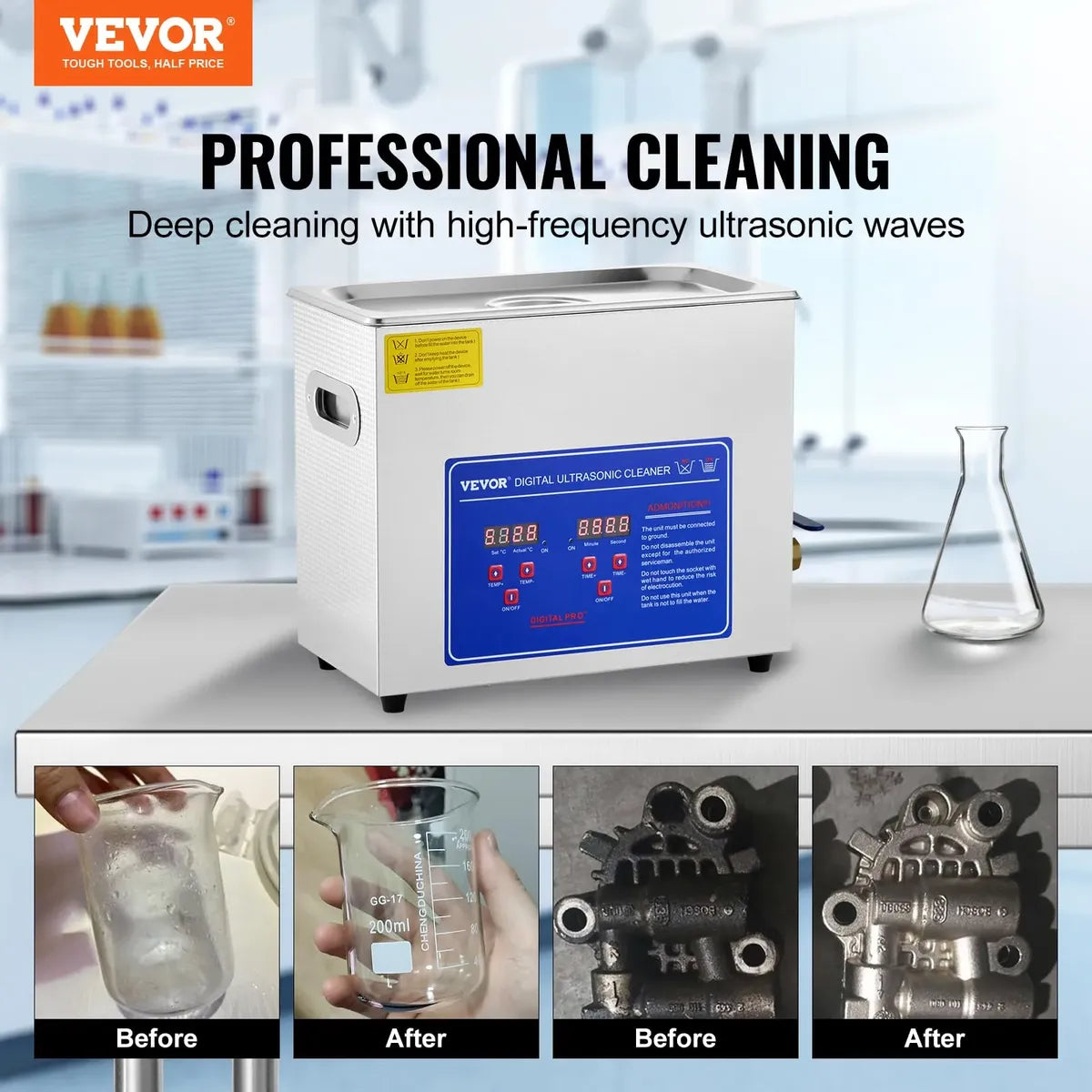 VEVOR Limpiador Ultrasónico 6 L, 40 kHz, con Temporizador Digital y Calentador – 120 V
