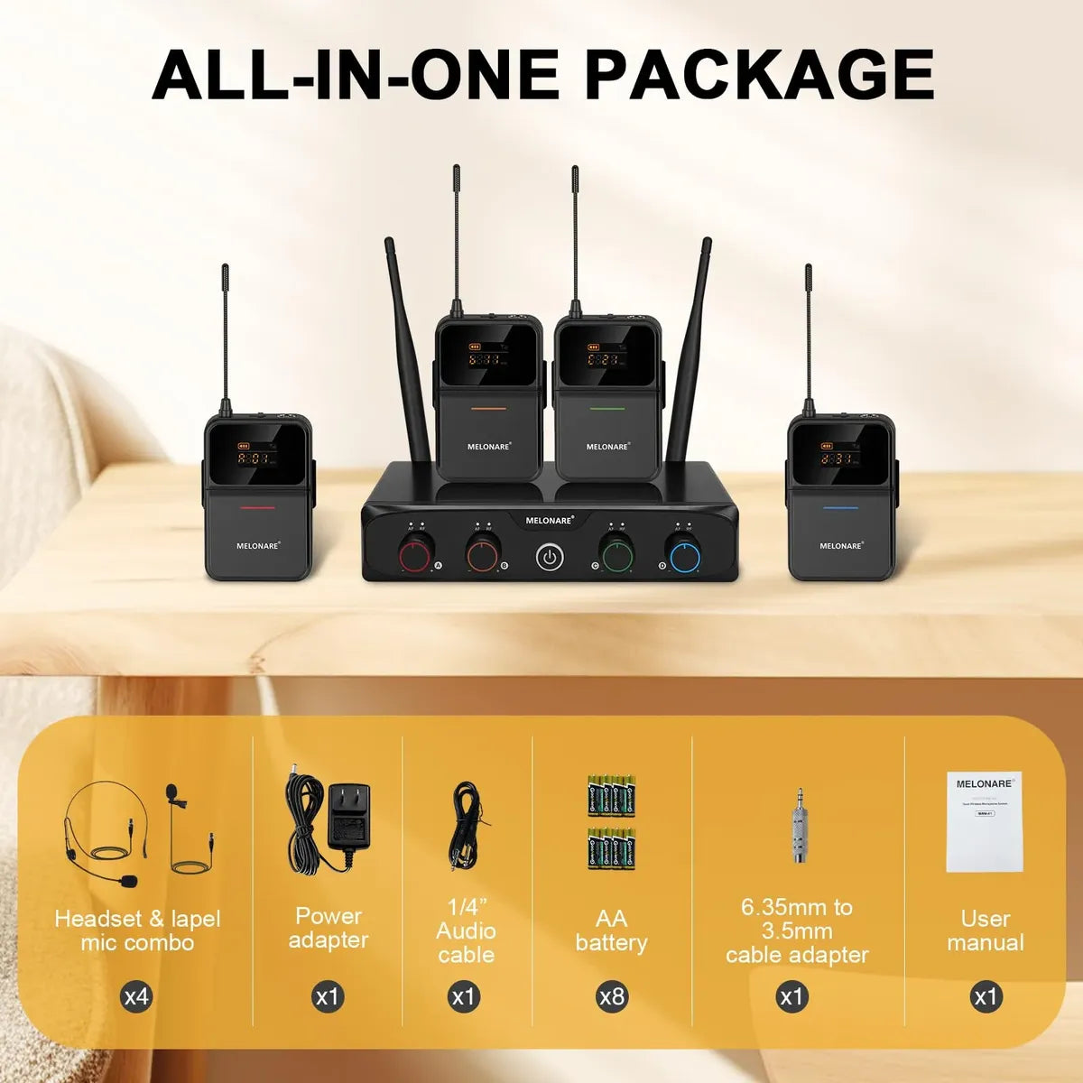 Sistema de Micrófonos Inalámbricos Melonare MWM-41-4B UHF de 4 Canales con Micrófonos de Diadema y Solapa