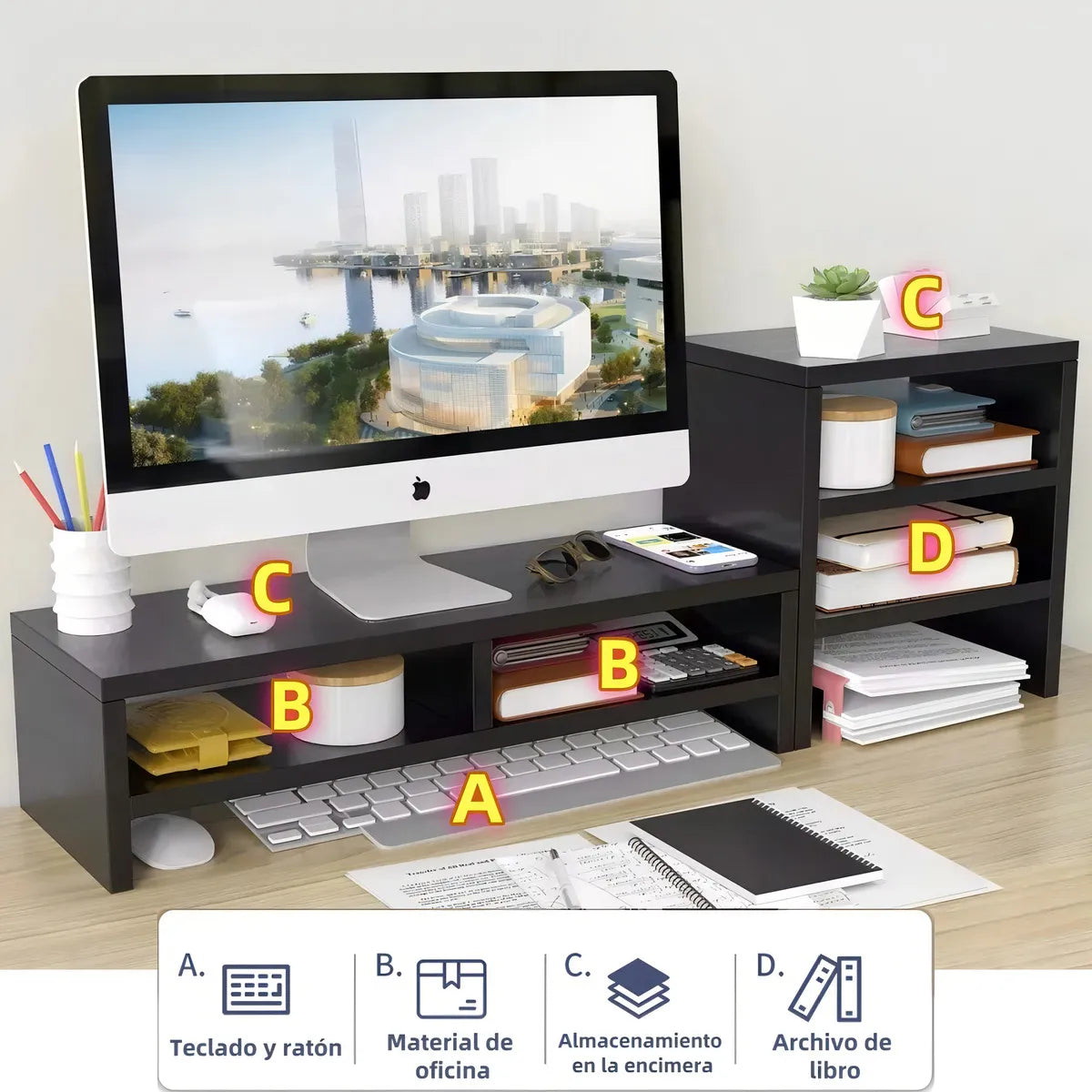 Soporte Monitor Con Estante Almacenamiento De 3 Niveles