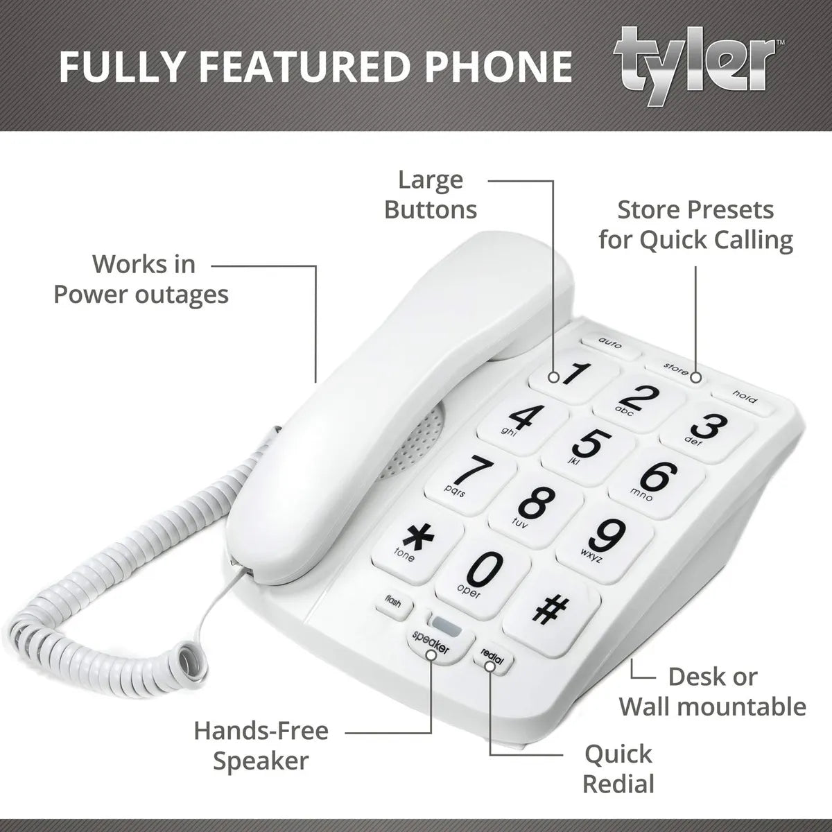 Teléfono Tyler Tbbp-4-wh para personas mayores con altavoz