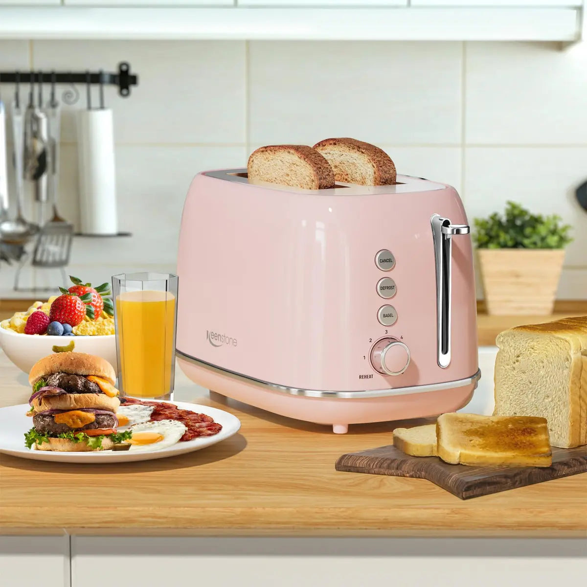 Tostadora Keenstone WT-330 2 Rebanadas – 6 Niveles, Ranuras Extra Anchas, Rosa 120V