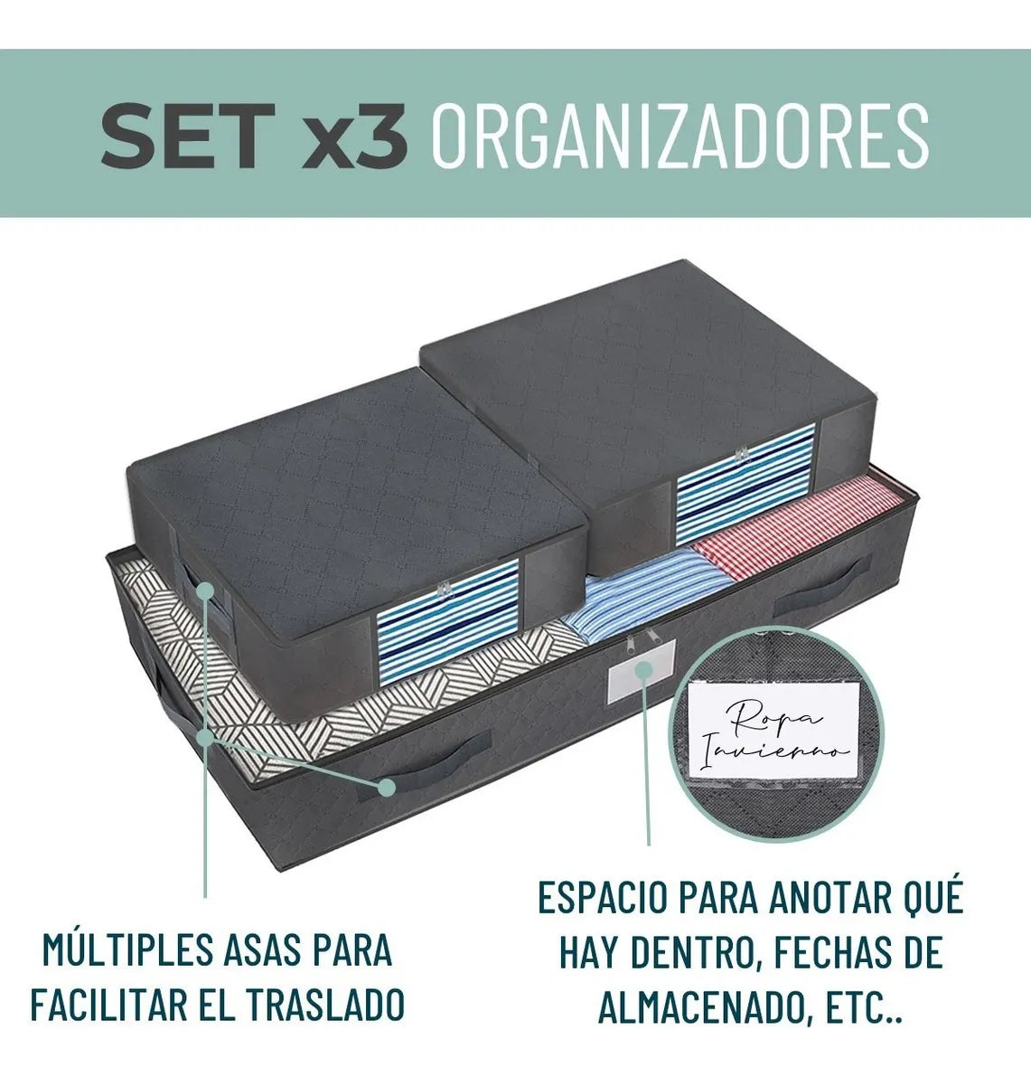Organizador De Ropa Bajo Cama  Almacenamiento Set X 3 Gris Claro