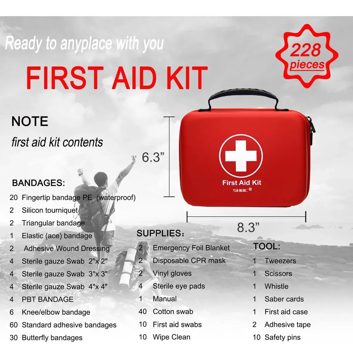 SHBC Kit de Primeros Auxilios 228 Piezas – Estuche EVA Impermeable Rojo