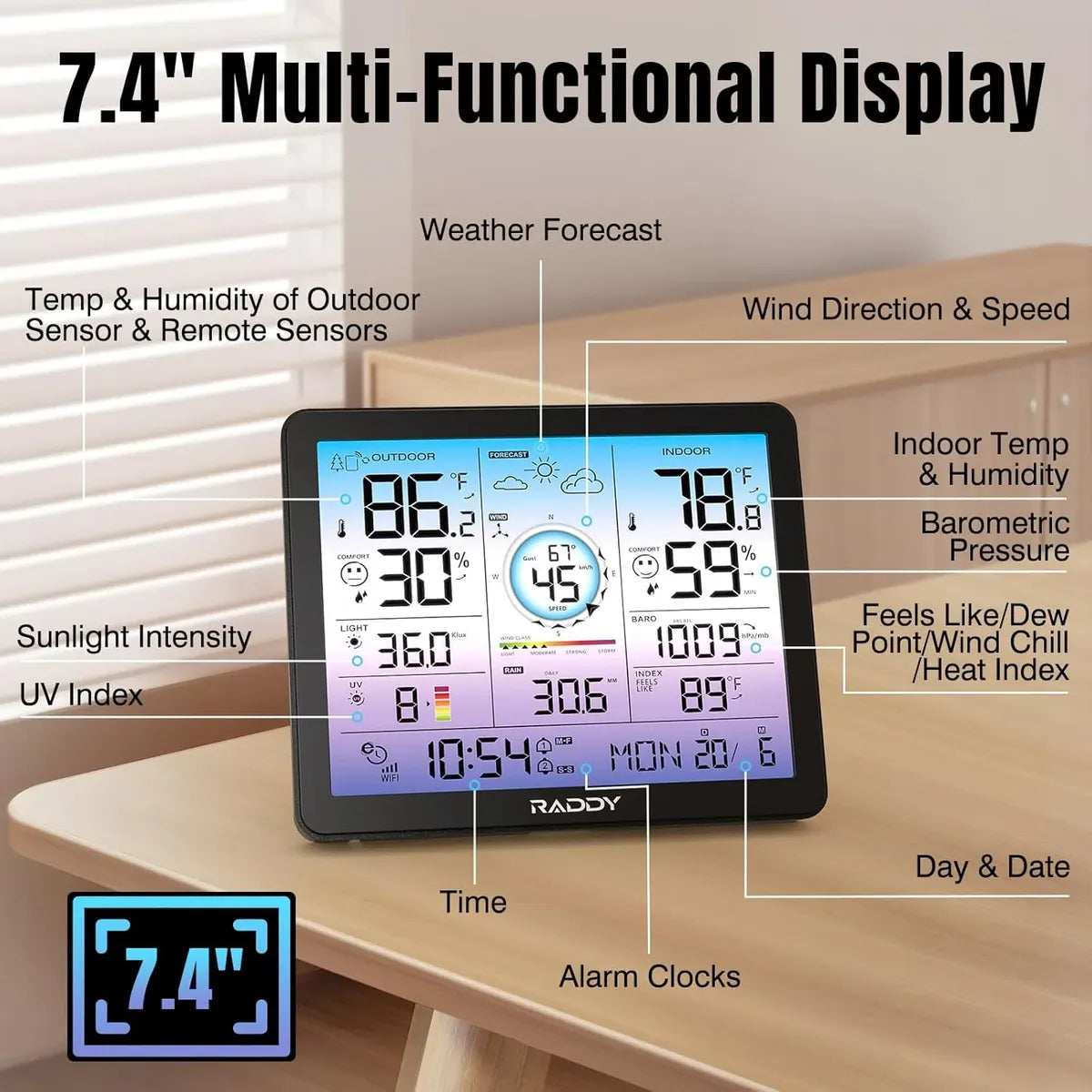 Raddy VP7 Wi-Fi 15 en 1 – Estación Meteorológica con Pantalla de 7,4" y Sensor Exterior