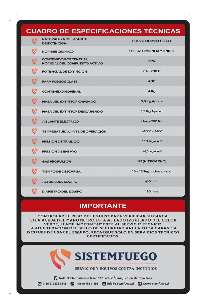 Extintor Polvo Quimico Seco 4kg 75% (abc) Certificado Ds.44