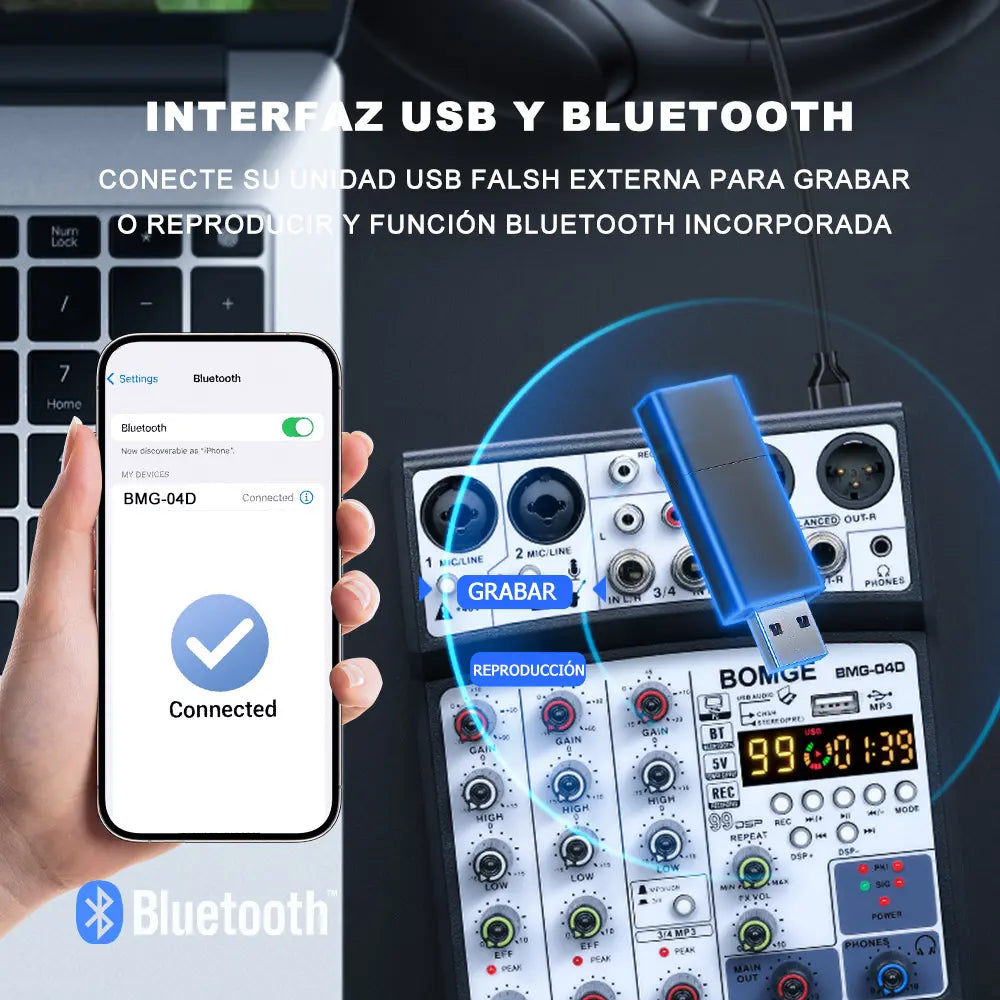 Mezclador de Audio BOMGE 04D 4 Canales – 16 DSP, Bluetooth, USB y Phantom 48V