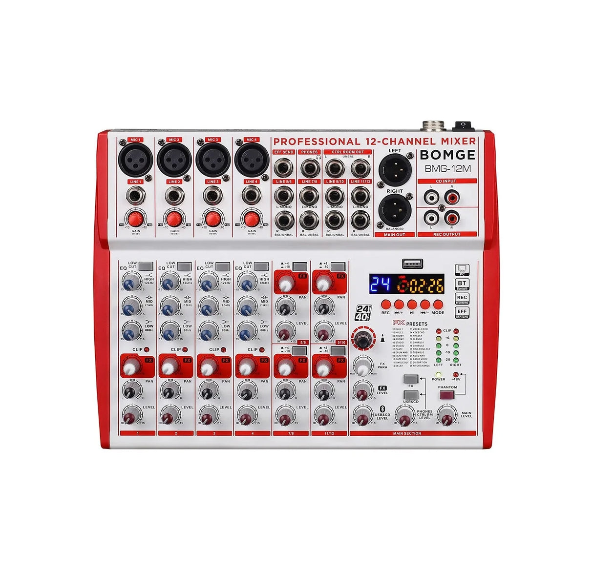 Bomge De 12 Canales Consola Mixer Audio 48 Fx Bt Usb Eq