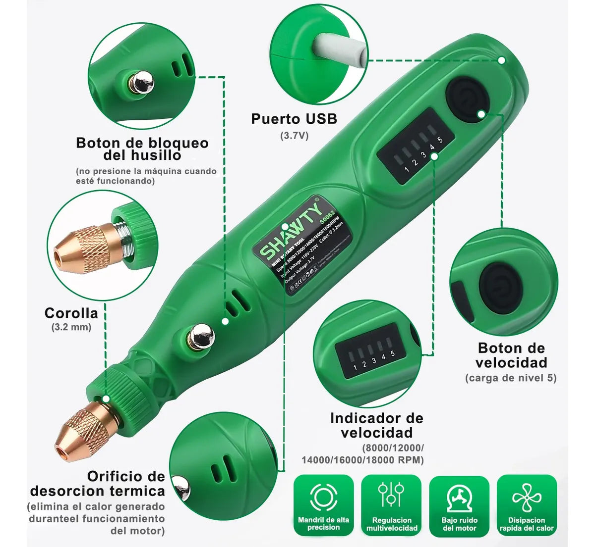 Mini Minitornos Taladro Esmeril Pulido Shawty 210 Accesorios