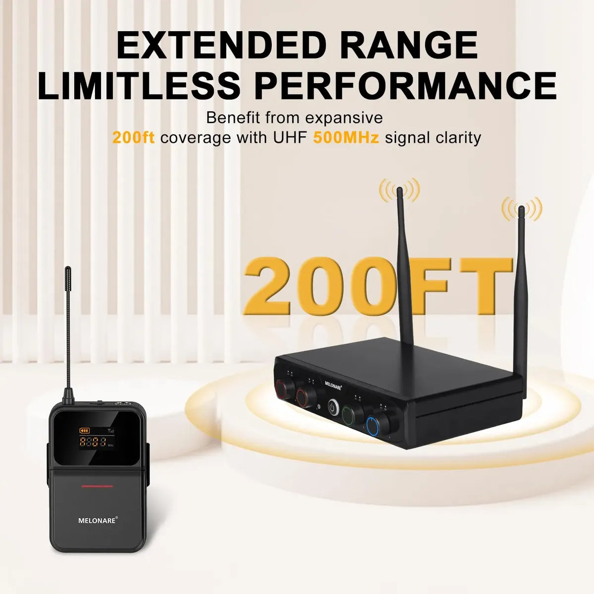 Sistema de Micrófonos Inalámbricos Melonare MWM-41-4B UHF de 4 Canales con Micrófonos de Diadema y Solapa