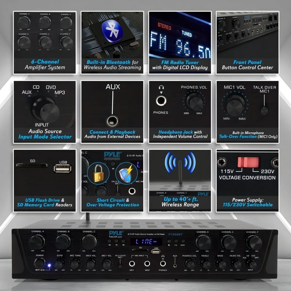 Amplificador Pyle PTA66BT Bluetooth 6 Canales 600 W con USB y SD