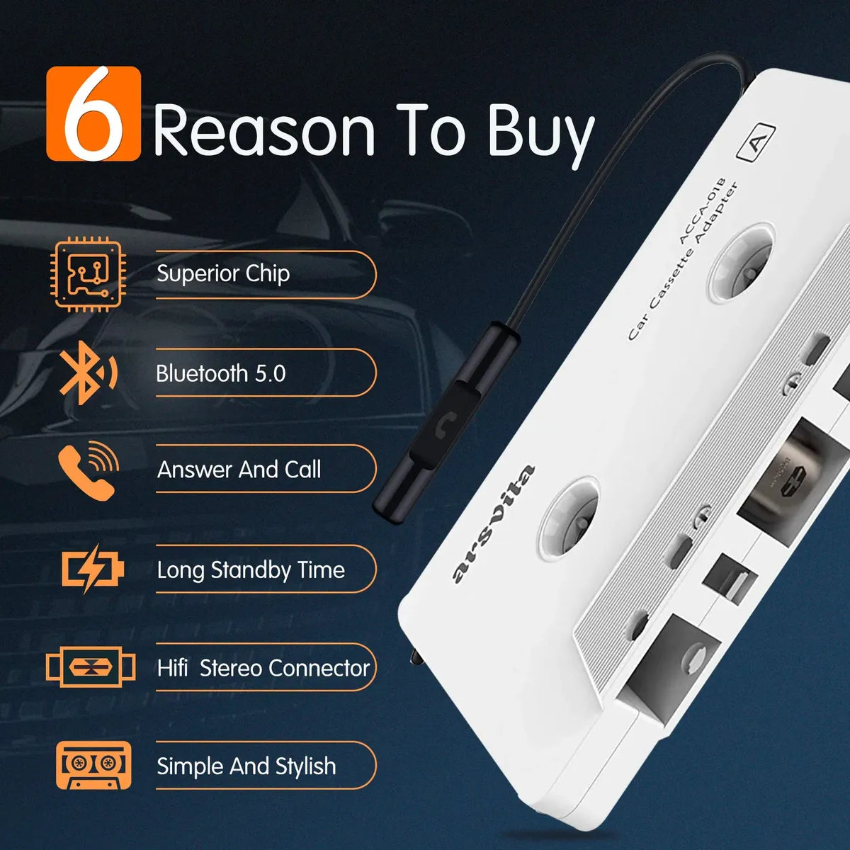 Adaptador Cassette Bluetooth Arsvita para Auto Blanco