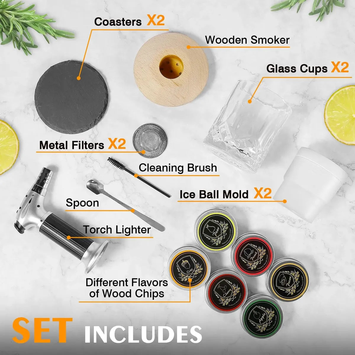 Sumapner Kit Smoker para Whisky y Cócteles – 6 Sabores de Madera + Soplete + 2 Vasos