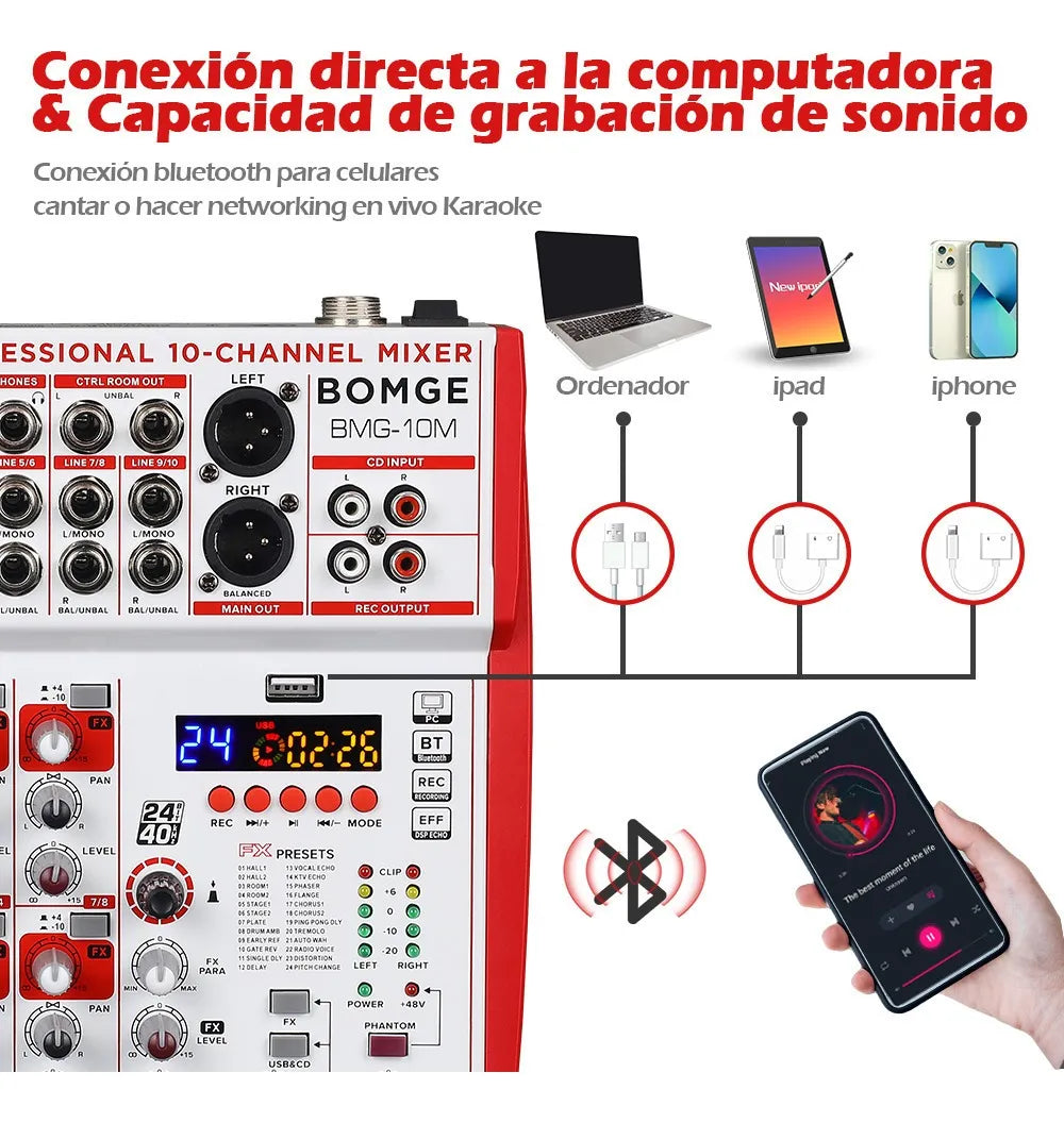 Bomge De 12 Canales Consola Mixer Audio 48 Fx Bt Usb Eq
