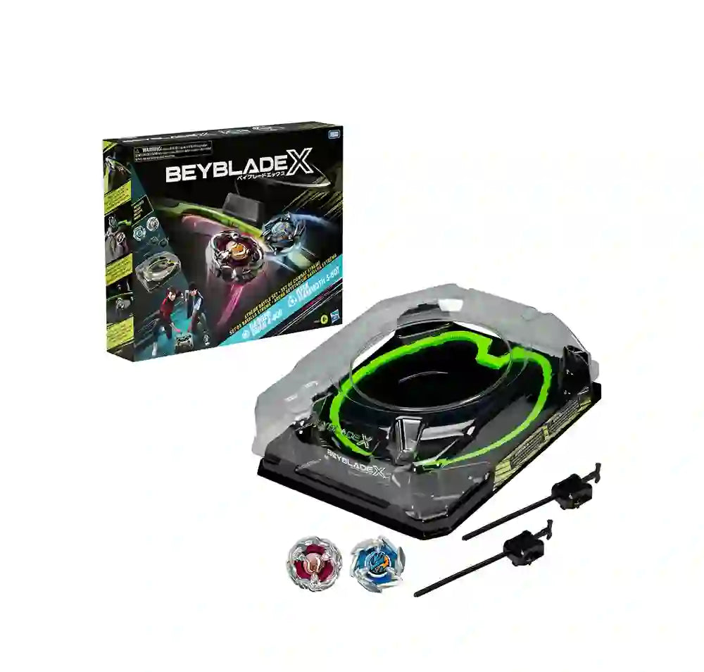 Beyblade X Xtreme Battle Set con Beystadium Arena con riel X-Celerator, 2 juguetes superiores giratorios a la derecha, 2 lanzadores